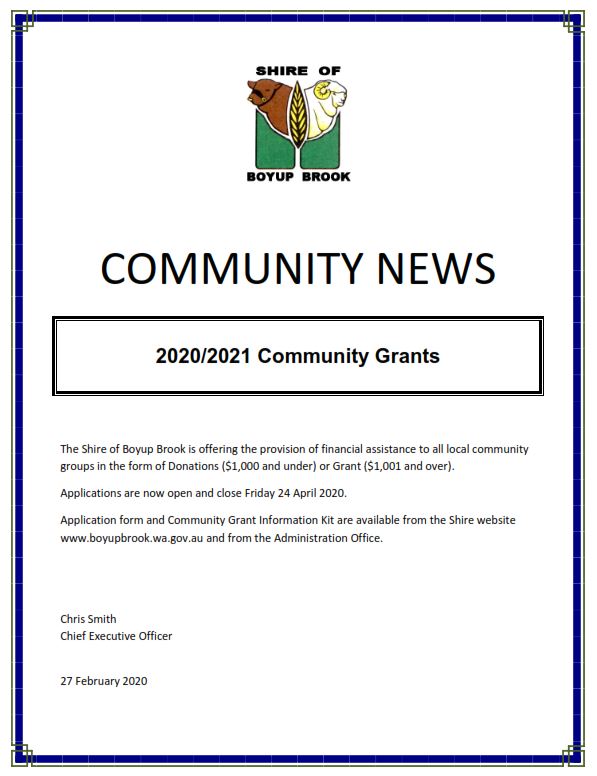 News Story Community Grants are now open » Boyup Brook