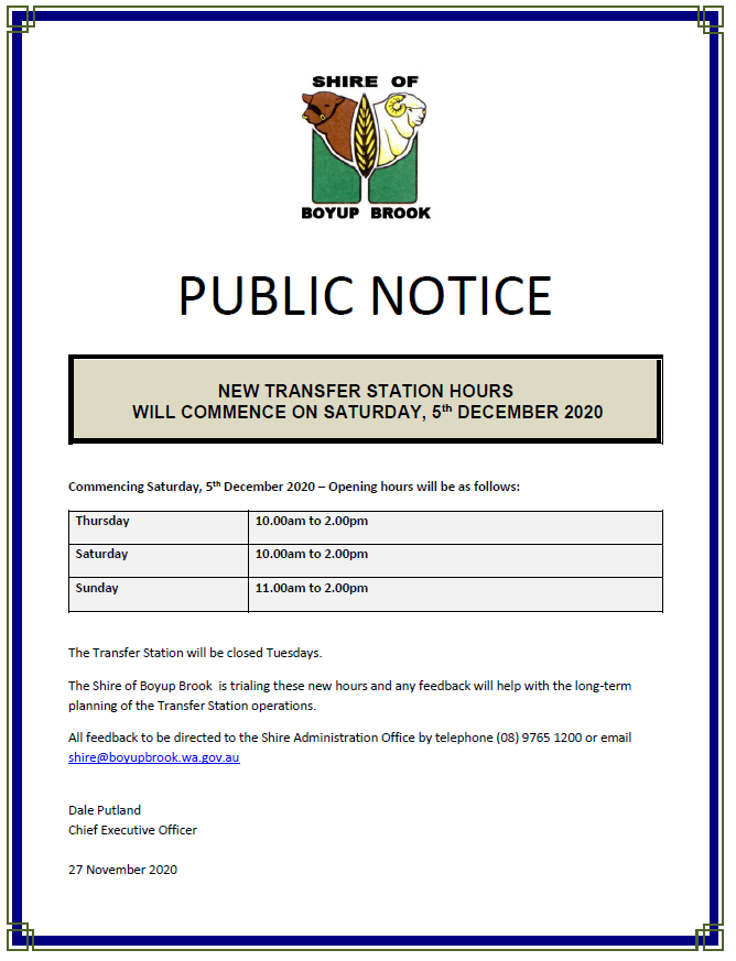 News Story New Transfer Station Hours » Boyup Brook