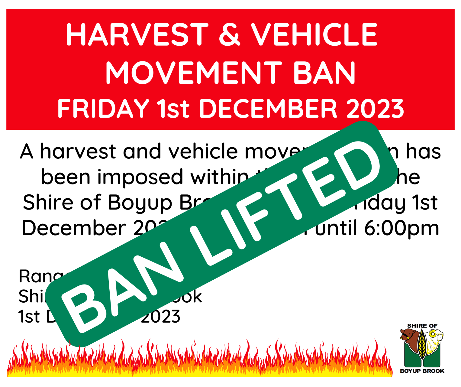 Harvest and Vehicle Movement Ban Friday 1st December 2023 from 1:15pm - 6:00pm