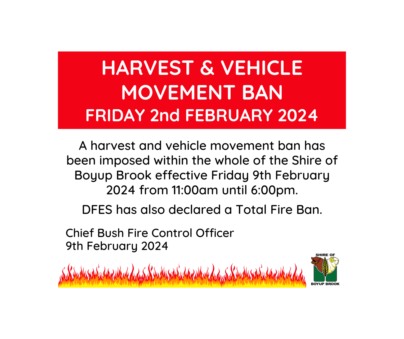 Harvest and Vehicle Movement Ban Friday 9th February 2024