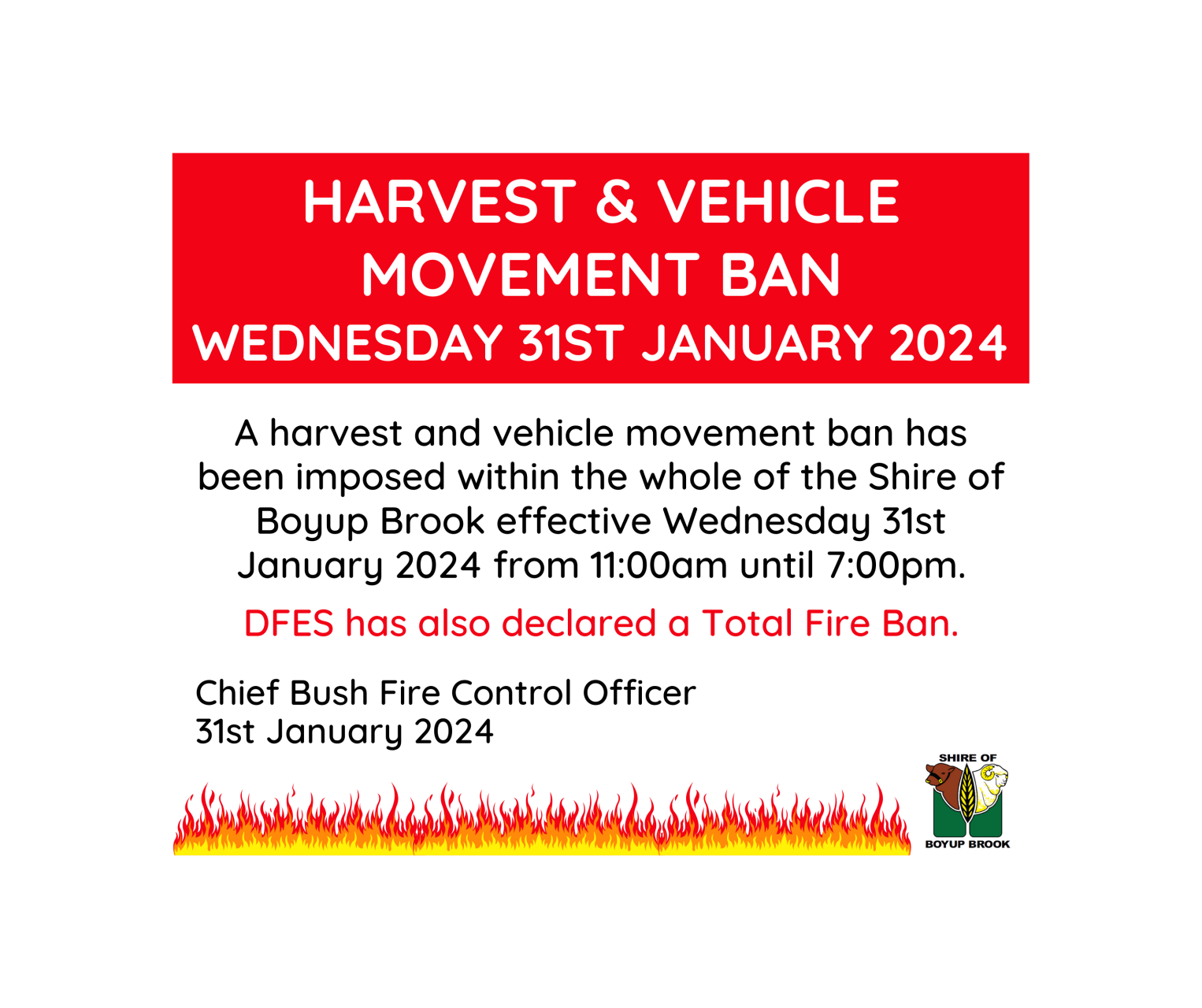 Harvest Vehicle Movement Ban 31 January 2024